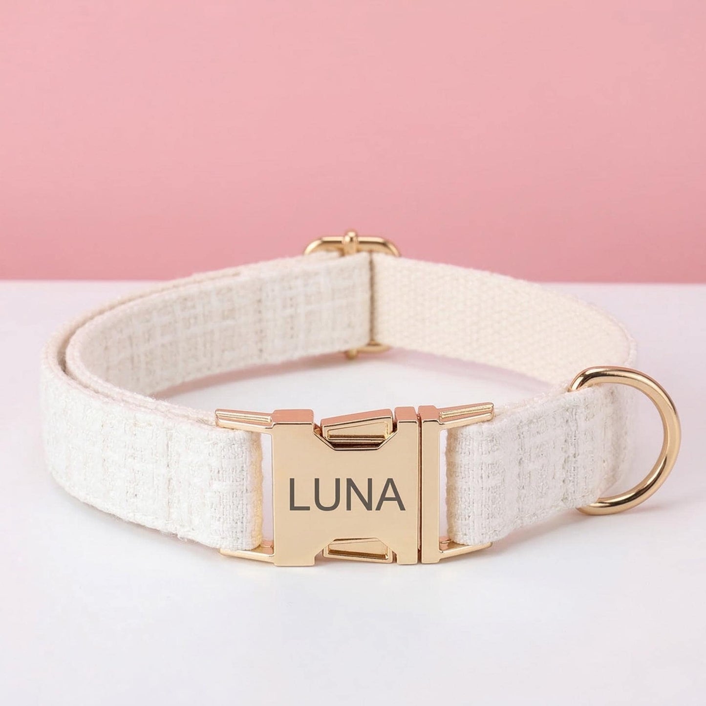 Personalized Tweed Bow Dog Collar with Name, Pink | Purple | Black | White Bouclé Puppy Collar with Gold Buckle, Cute Girl Dog Collar