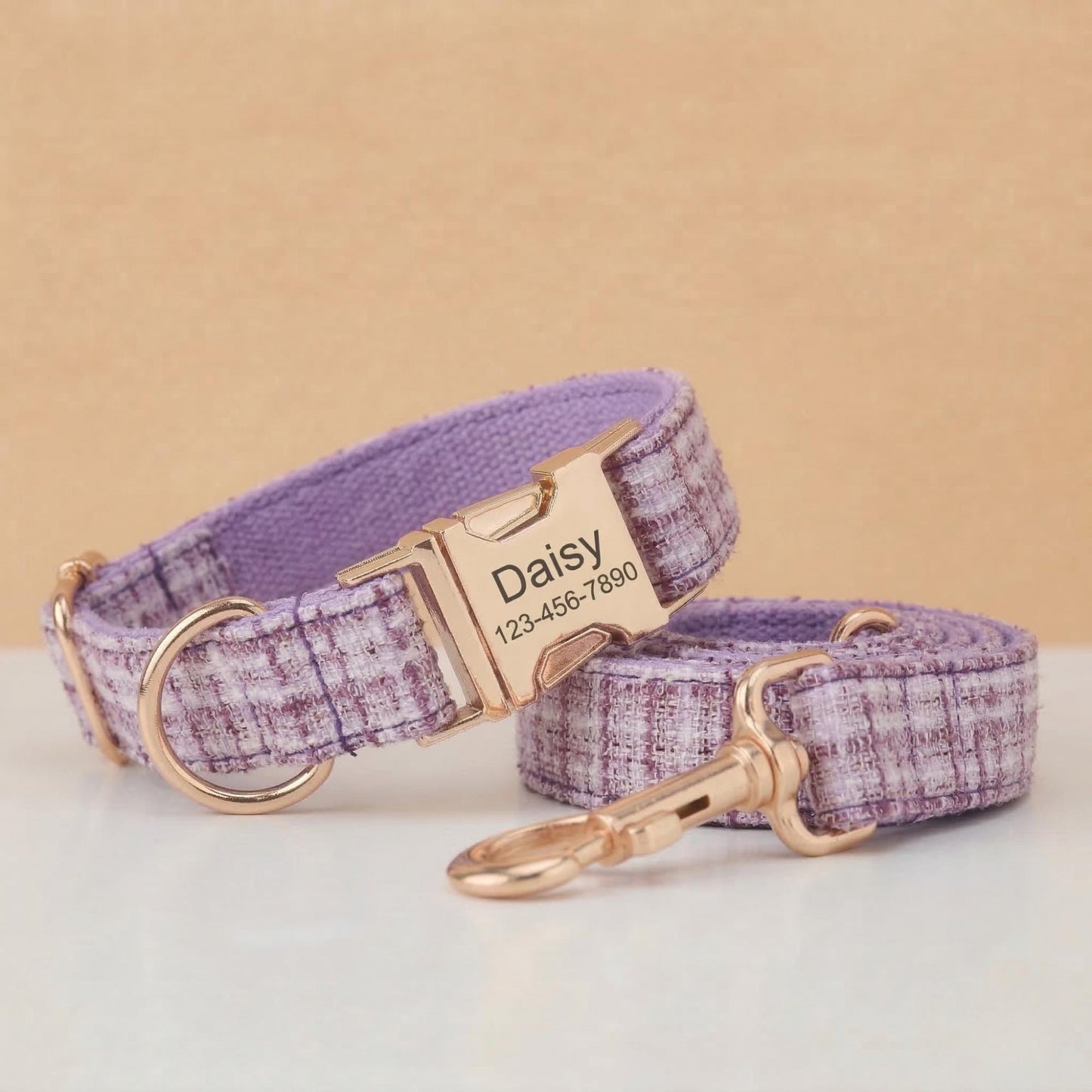 Personalized Tweed Dog Collar, Custom Engraved Gold Buckle Pet Accessory