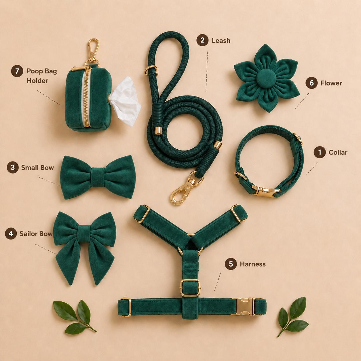 Personalized Forest Green Velvet Dog Harness Set | Christmas Dog Collar Leash Bow Flower Poop Bag | Custom Name | Mix & Match 7-Piece Set