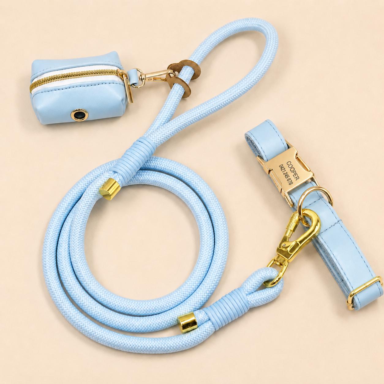 Personalized PU Leather Optional Dog Collar, Custom Airtag Holder with Engraving, Easy to Clean, Rope Leash, Matching Poop Bag