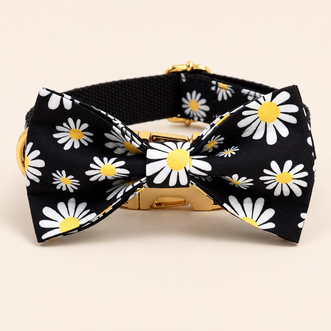Personalized Black Daisy Dog Harness | Custom Name Collar Leash Bowtie Poop Bag | Mix & Match Walking Set | Floral Print XS-XL