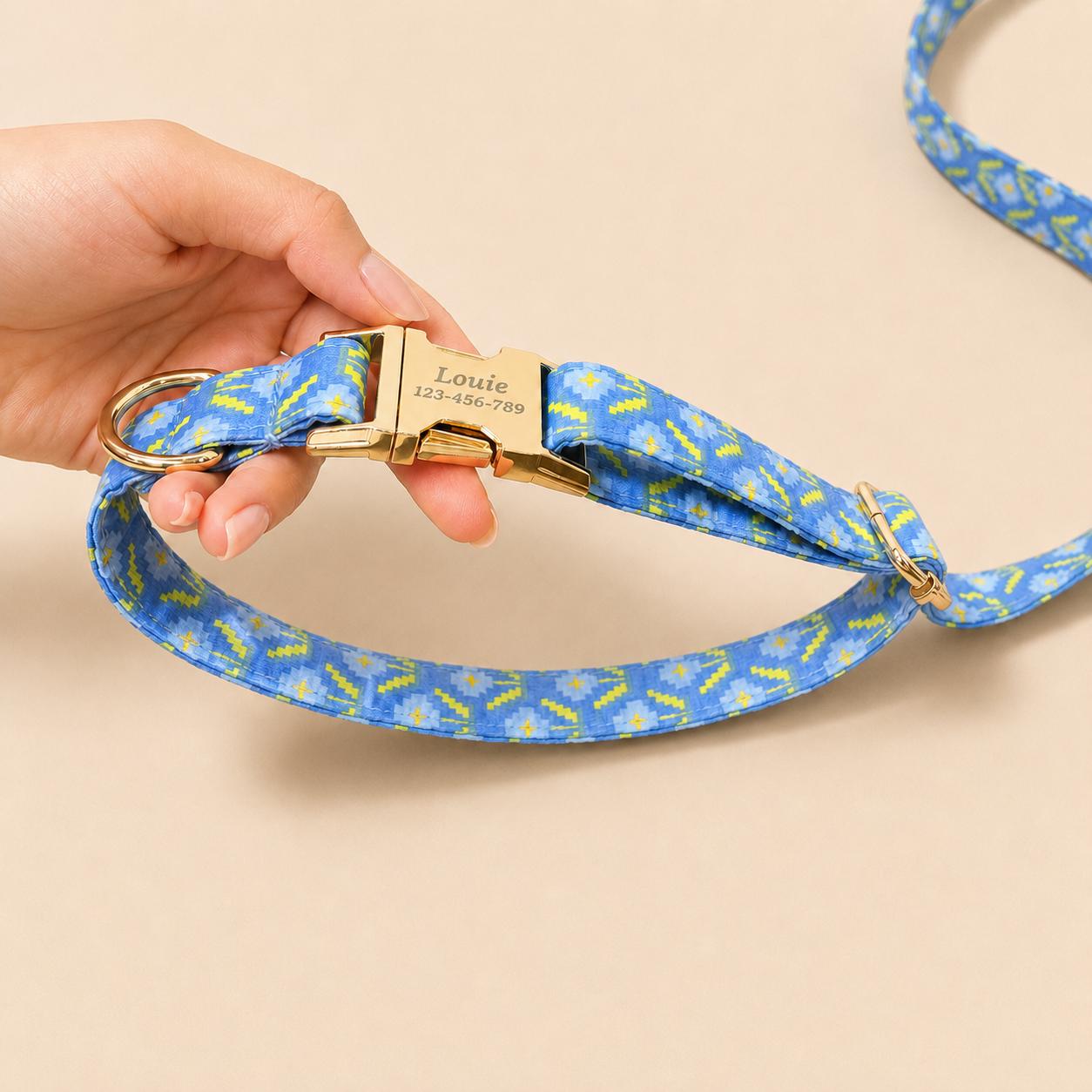 Hands Free Dog Leash and Matching Collar Set | Blue Geometric Pattern | Adjustable Waist Leash | Running Walking Leash | Gift for Dog Mom 1