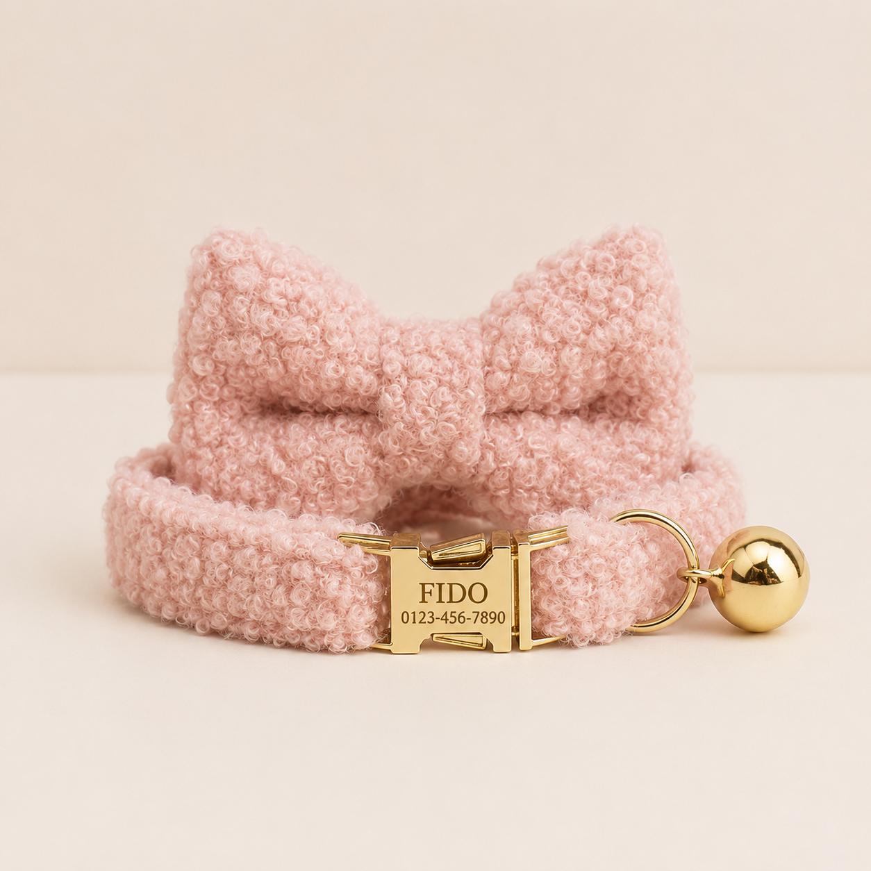 Personalized Cat Collar with Name Plate, Bell & Bow Tie, Custom Engraved Kitten Collar, Teddy Bear Cat Gift