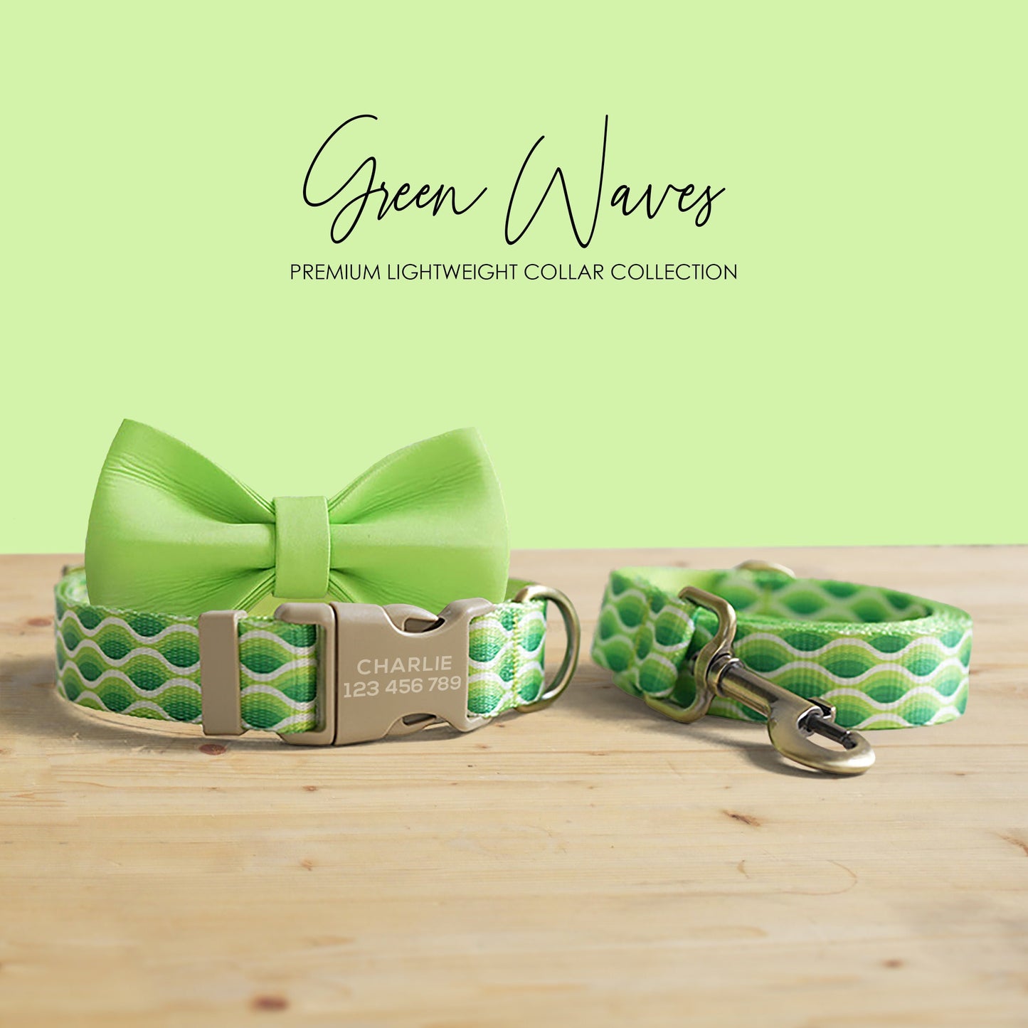 Green Waves Personalized Dog Collar and Leash Set, Engraved Name Buckle
