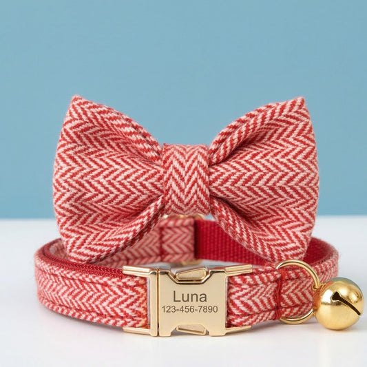 Personalized Tweed Cat Collar, Engraved Name Pet Collar, Gold Buckle, Adjustable Fit