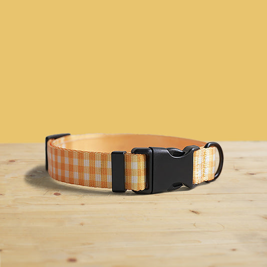 Personalized Butter Plaid Dog Collar, Leash, Bowtie Set – Engraved Name Buckle
