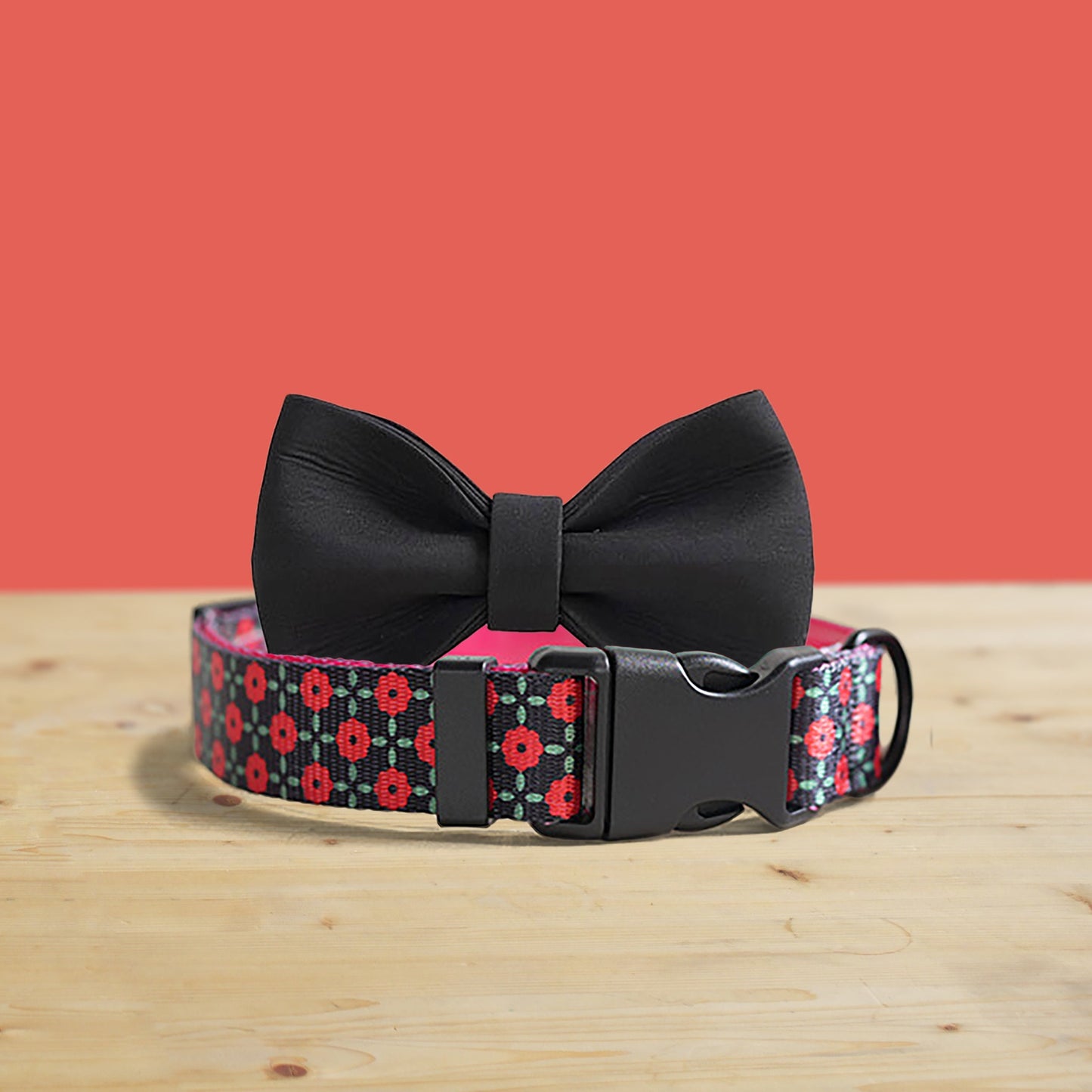 Personalized Red Daisy Dog Collar and Leash Set, Engraved Buckle, Nylon Fabric