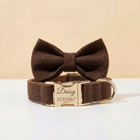 Personalized Blue Tweed Dog Collar with Engraved Buckle & Bow Tie