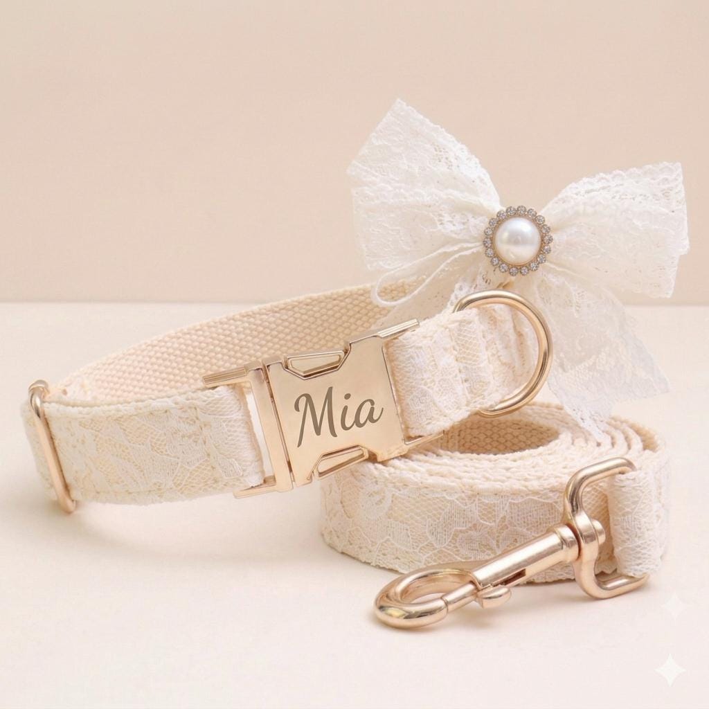 Custom Lace Dog Collar | Wedding Pet Accessory | Beige Nylon | Small to Large