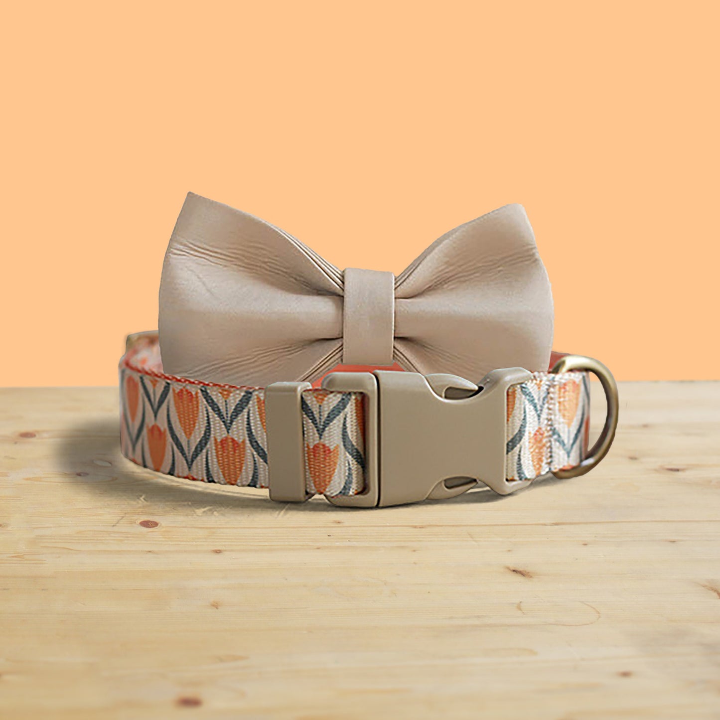 Gold Tulip Personalized Dog Collar, Leash, Bowtie, Engraved Name Buckle