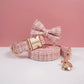 White Dog Collar with Name, Personalized Engraved Bouclé Tweed Dog Collar, Matching Leash Bow Walking Set, Fabric Collar with Gold Buckle