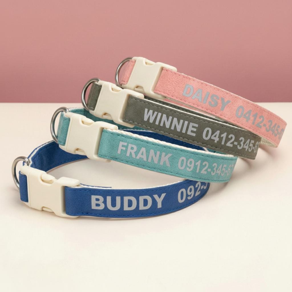 Reflective Custom Dog Collar | PU Leather Nylon | Personalized Pet Name ID