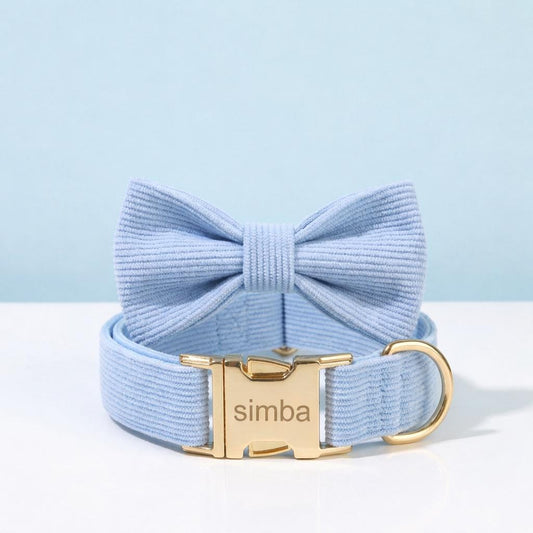 Personalized Corduroy Dog Collar with Engraved Gold Buckle, Pink Bowtie Pet Accessory
