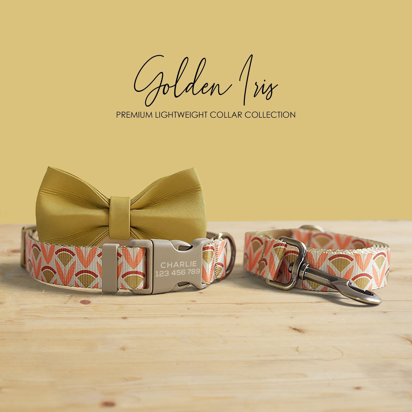 Golden Iris Personalized Dog Collar and Leash Set, Engraved Name Buckle, Nylon Fabric