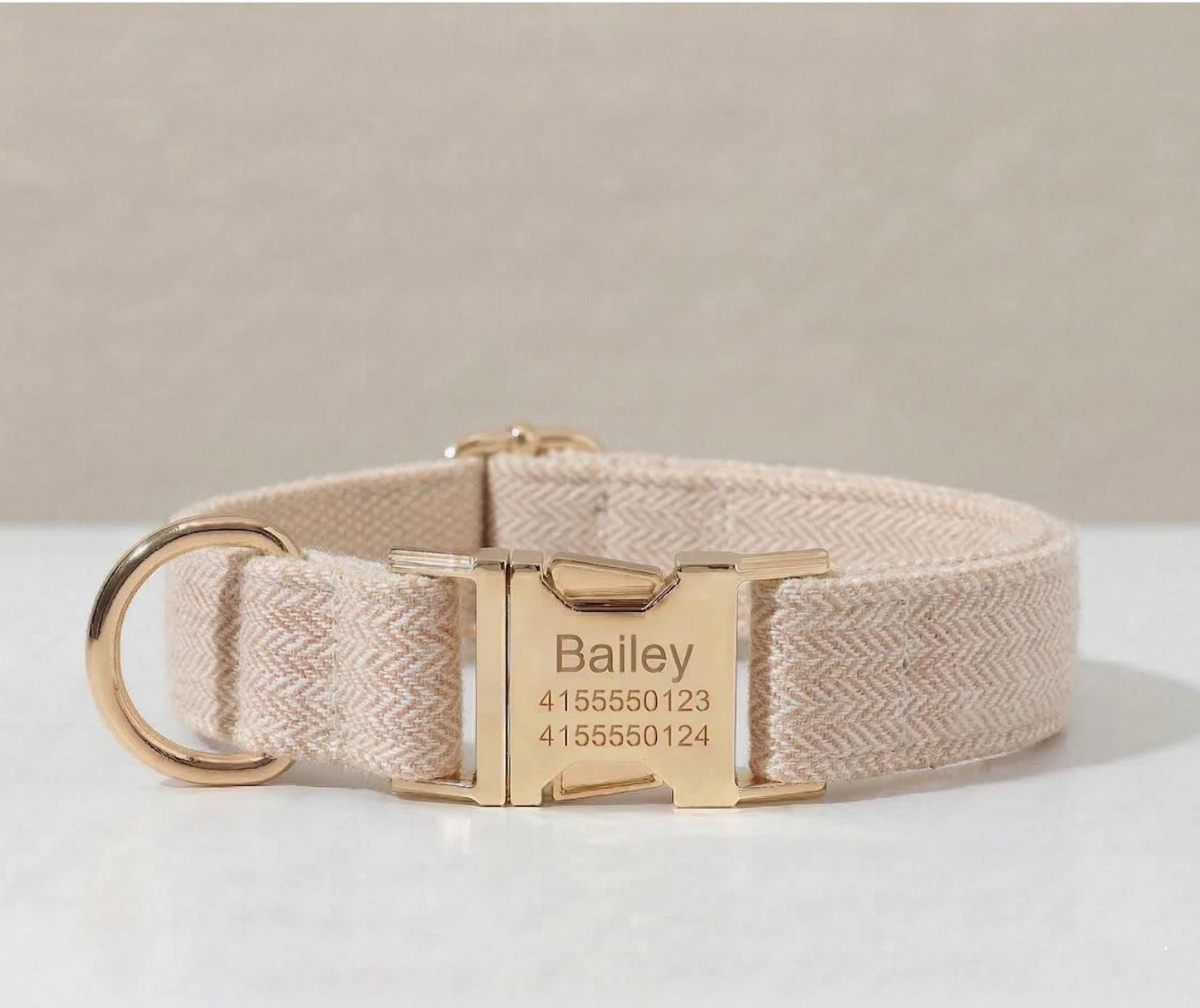 Personalized Tweed Dog Collar with Bow Tie, Engraved Name Pet Collar, Gold Buckle Set