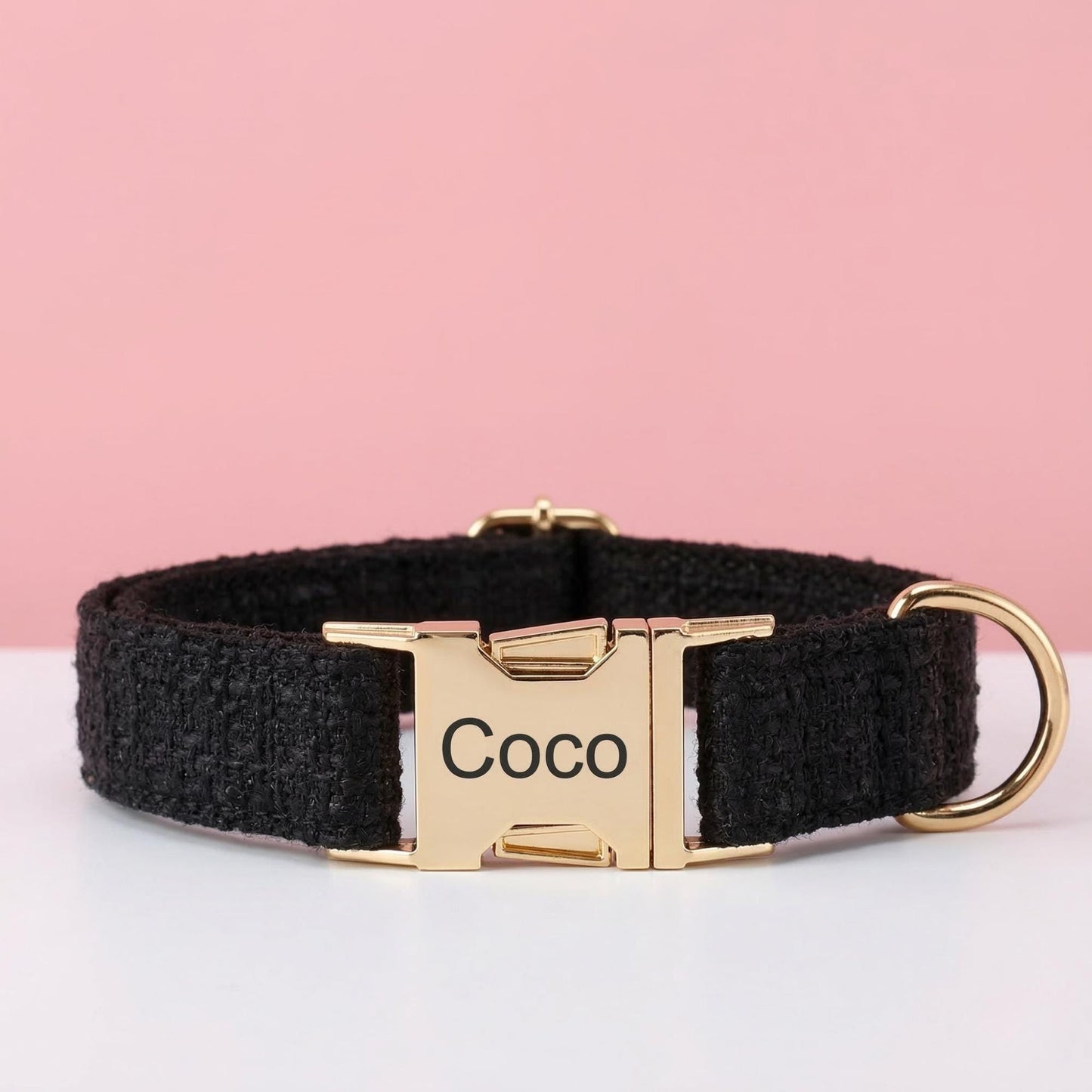 Personalized Tweed Bow Dog Collar with Name, Pink | Purple | Black | White Bouclé Puppy Collar with Gold Buckle, Cute Girl Dog Collar