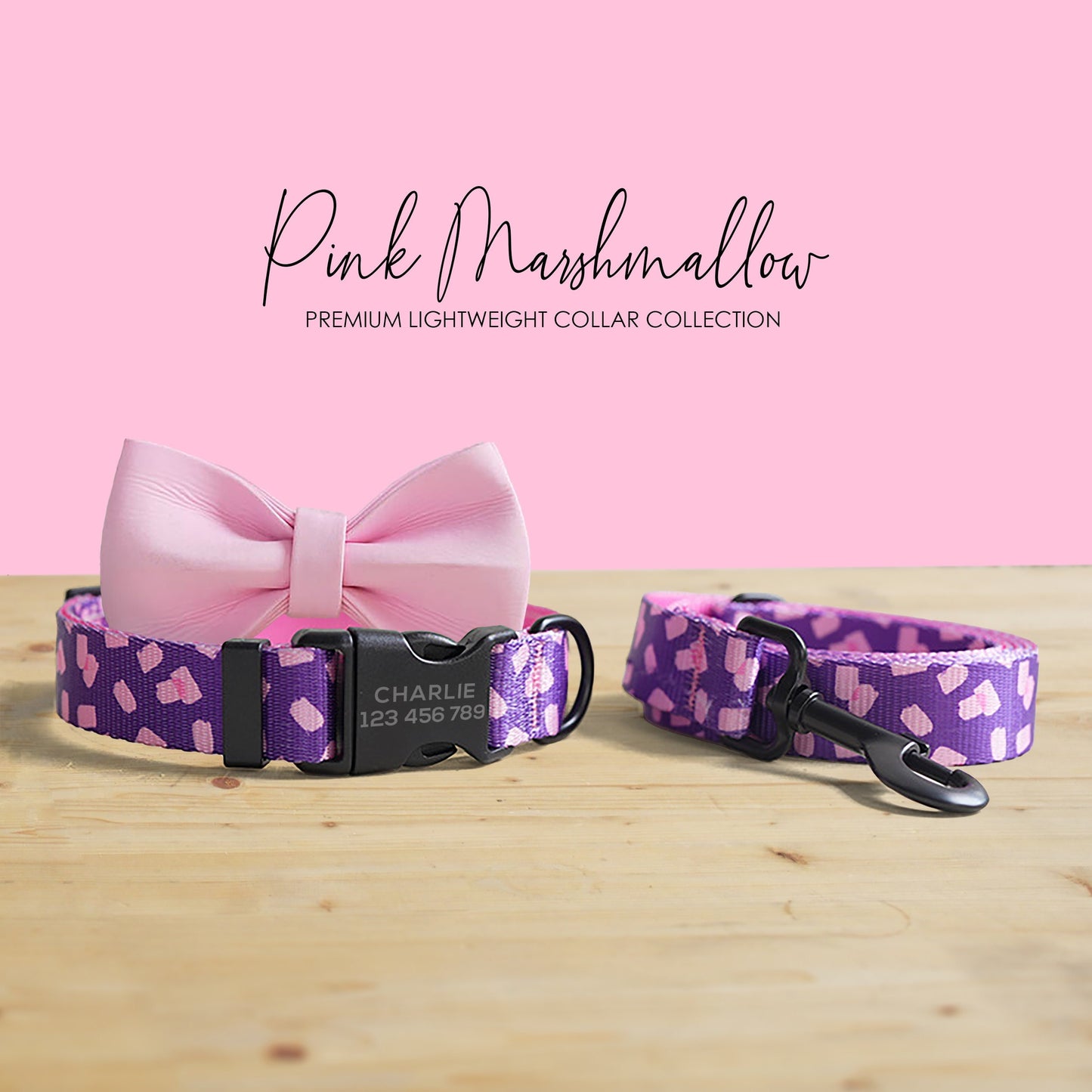Personalised Pink Dog Collar Lightweight with Engraved Name Buckle| Leash | Bowtie, Featuring Marshmallow Pattern