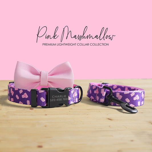 Personalised Pink Dog Collar Lightweight with Engraved Name Buckle| Leash | Bowtie, Featuring Marshmallow Pattern