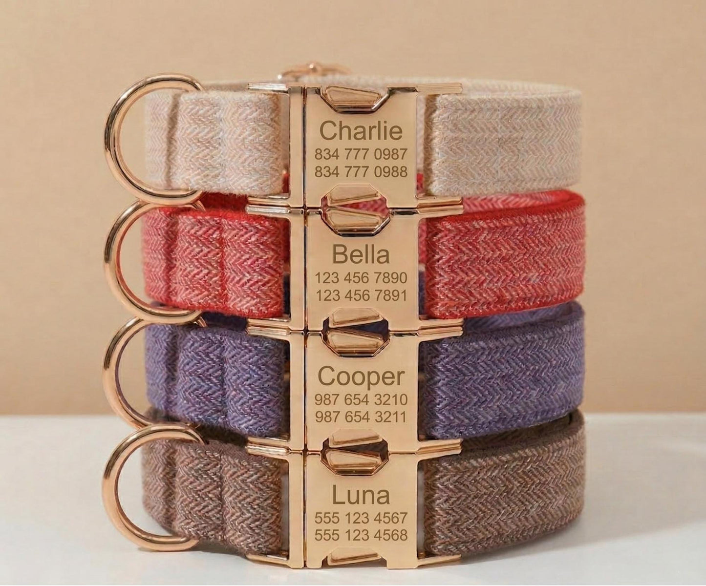 Personalized Tweed Dog Collar, Custom Engraved Pet Collar, Gold Buckle Set