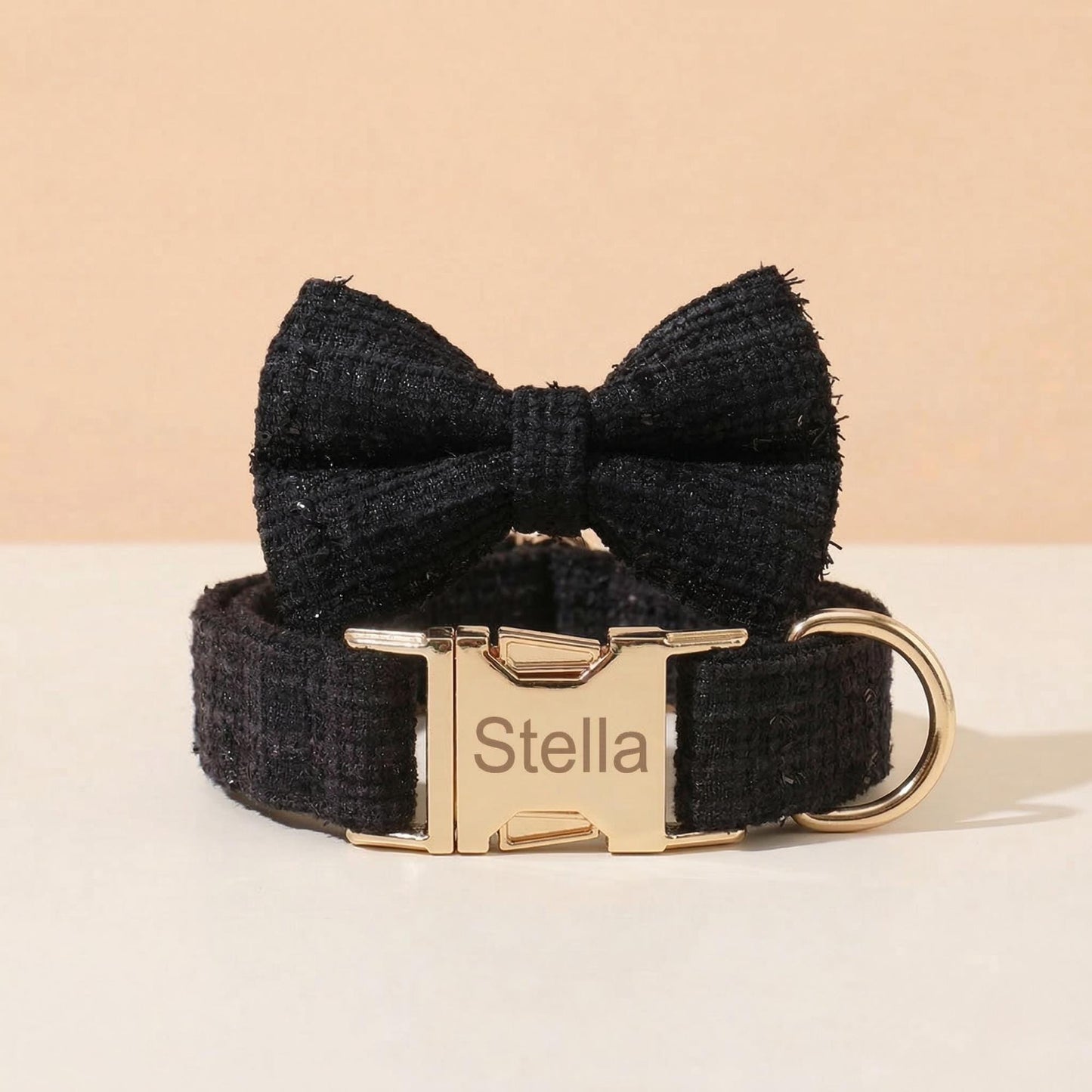 Personalized Tweed Bow Dog Collar with Name, Pink | Purple | Black | White Bouclé Puppy Collar with Gold Buckle, Cute Girl Dog Collar