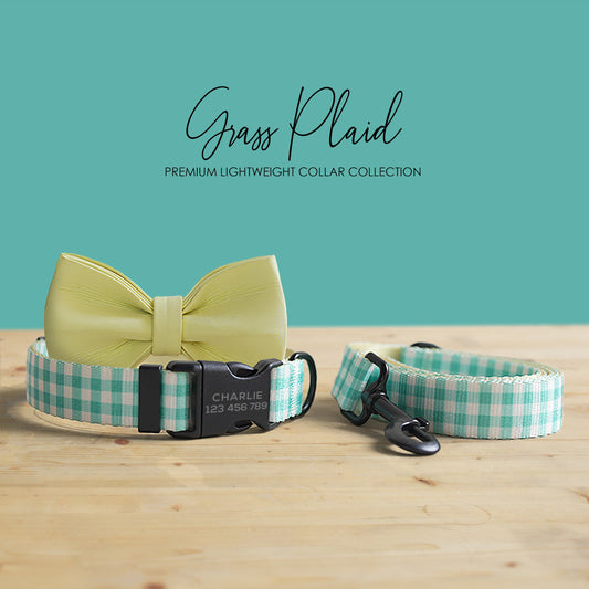 Personalized Grass Plaid Dog Collar and Leash Set with Bowtie