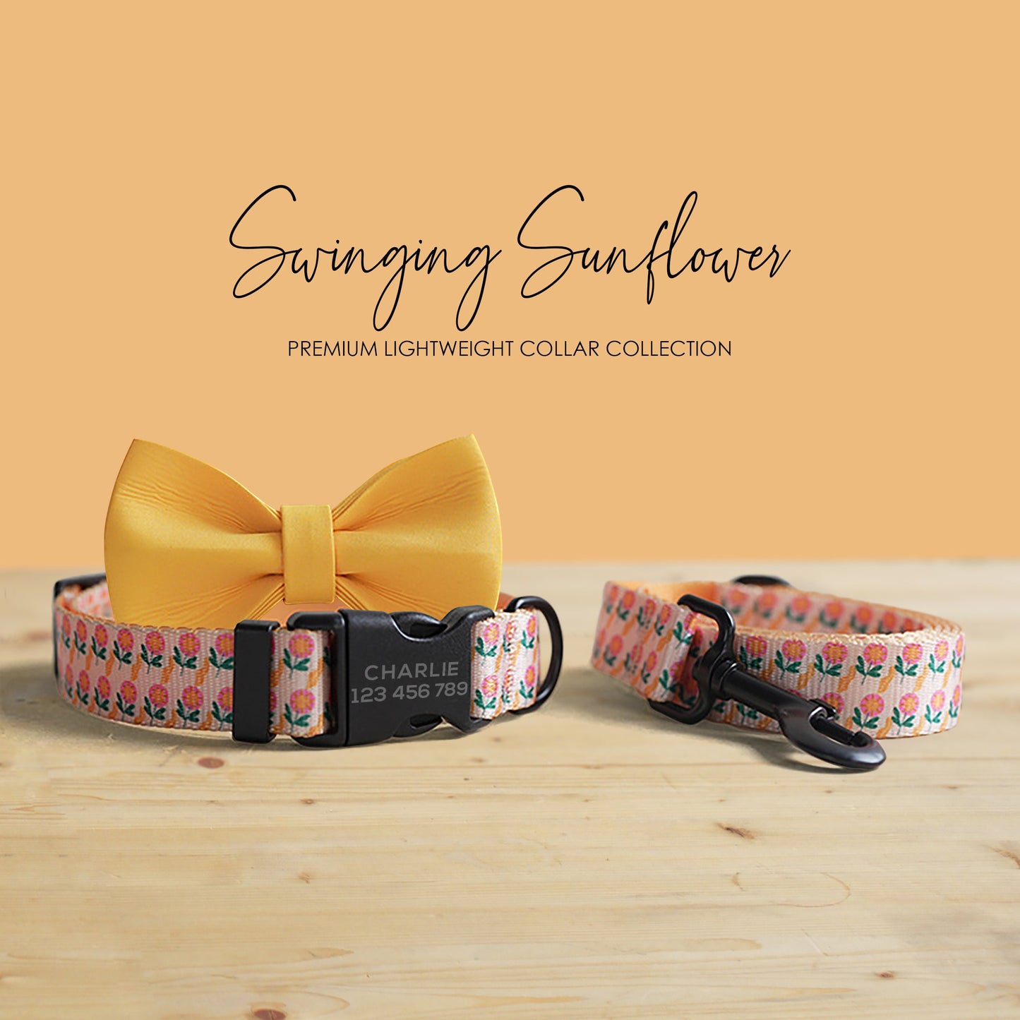 Personalized Sunflower Floral Dog Collar and Leash Set, Engraved Name Buckle