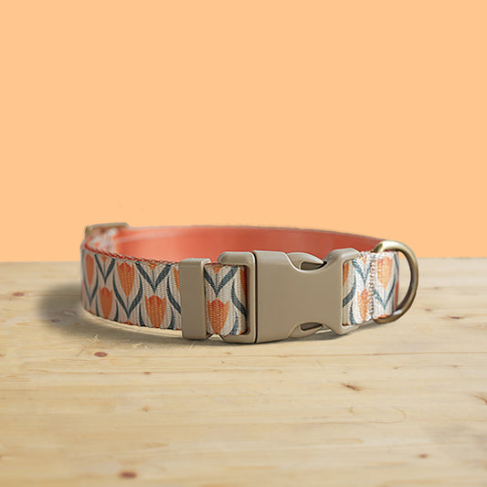 Gold Tulip Personalized Dog Collar, Leash, Bowtie, Engraved Name Buckle