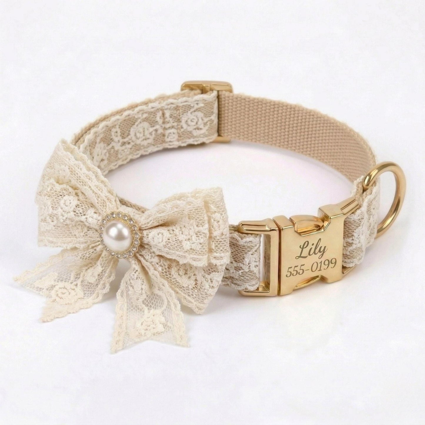 Personalized Pink Lace Dog Collar with Engraved Buckle, Bowtie Leash Set