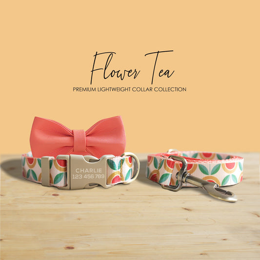 Personalized Floral Dog Collar Set, Engraved Buckle, Leash, Bowtie, Tea Flower Design