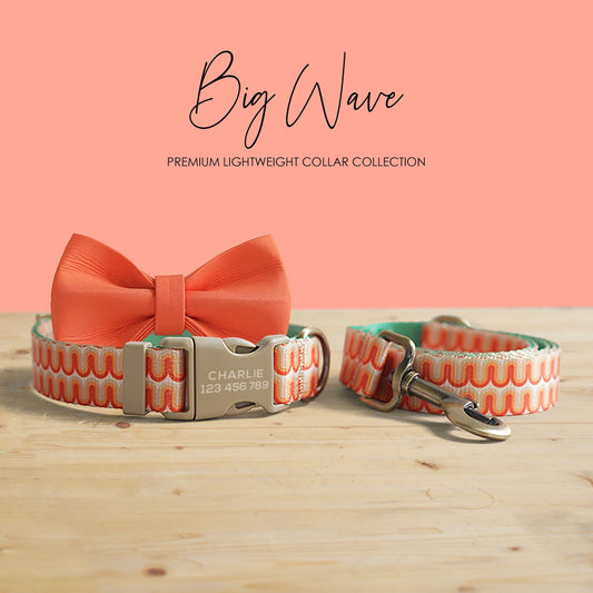 Big Waves Orange Dog Collar and Leash Set, Personalized Name Buckle, Nylon Fabric