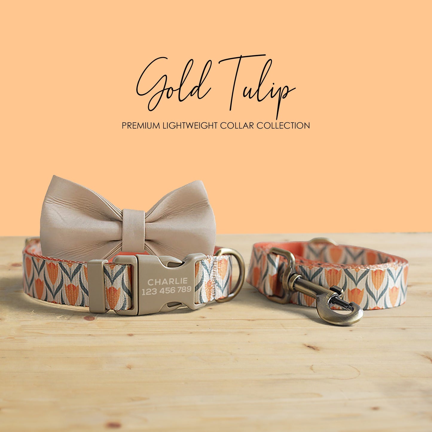 Gold Tulip Personalized Dog Collar, Leash, Bowtie, Engraved Name Buckle