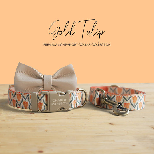 Gold Tulip Personalized Dog Collar, Leash, Bowtie, Engraved Name Buckle