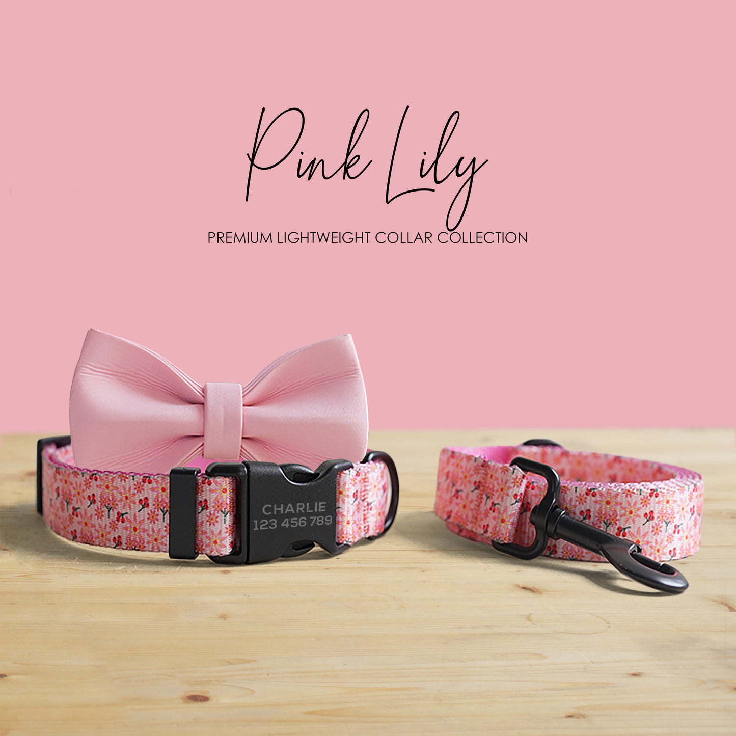 Pink Lily Floral Dog Collar and Leash Set, Personalized Engraved Buckle