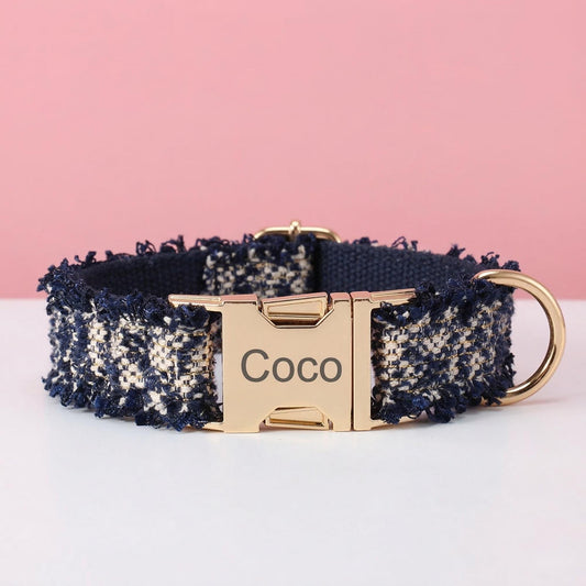 Personalized Tweed Dog Collar, Custom Engraved Gold Buckle, Dark Blue Pet Accessory