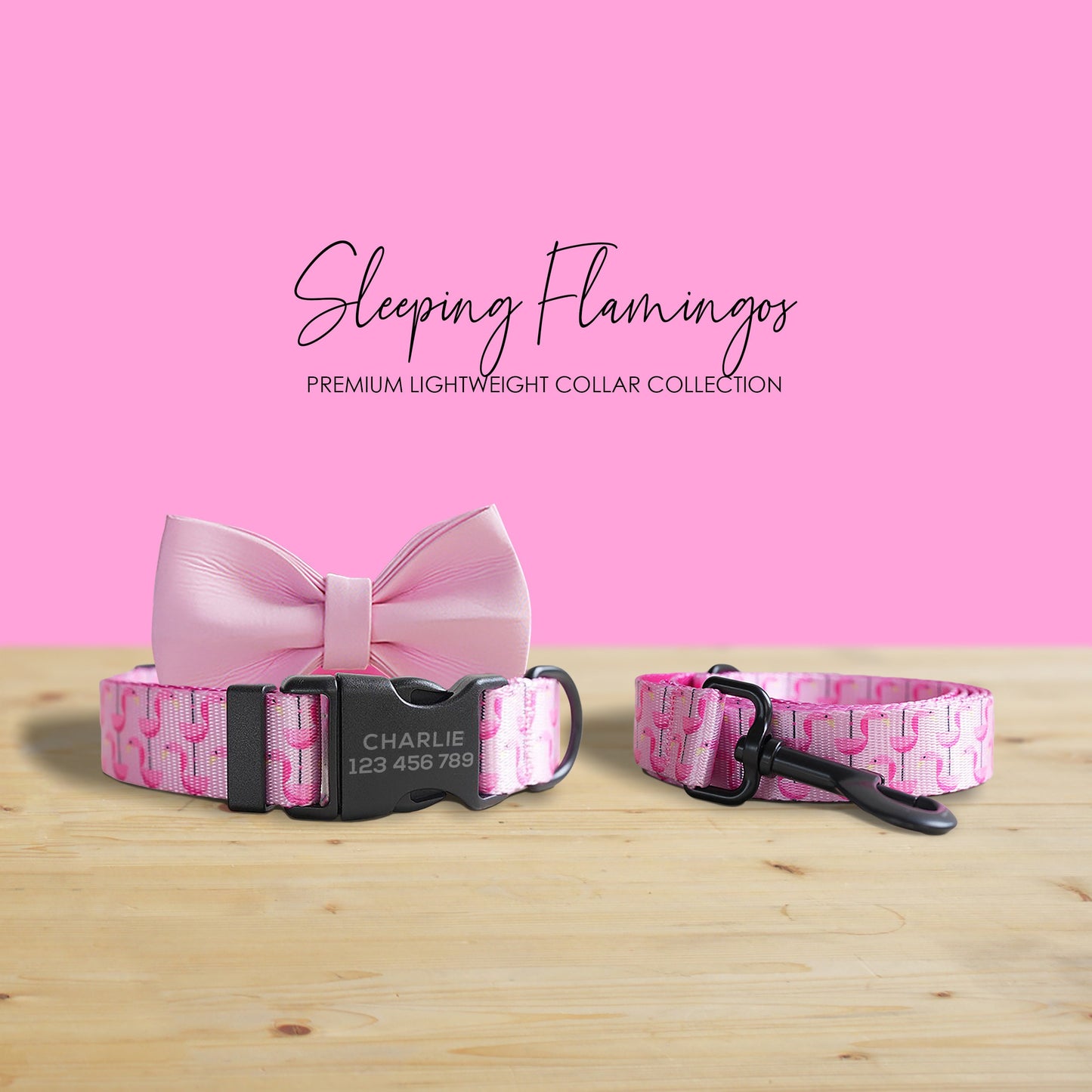 Sleeping Flamingos Pink Lightweight Personalized Dog Collar Set with Engraved Name Buckle & Leash Bowtie