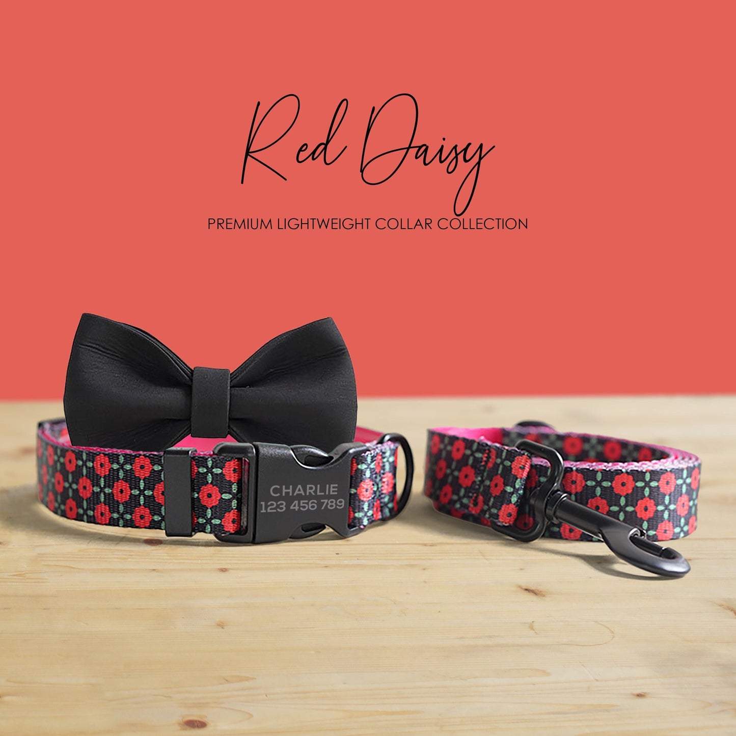 Personalized Red Daisy Dog Collar and Leash Set, Engraved Buckle, Nylon Fabric