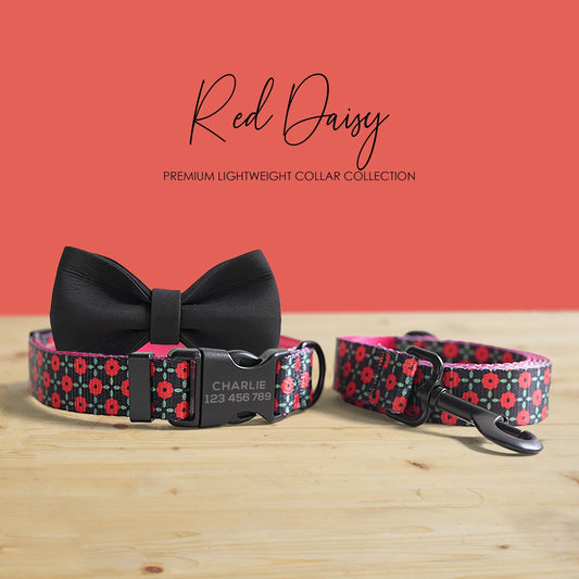 Personalized Red Daisy Dog Collar and Leash Set, Engraved Buckle, Nylon Fabric
