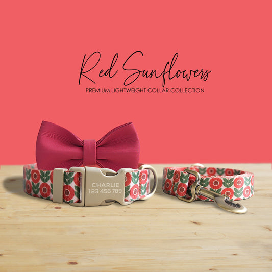 Red Sunflowers Dog Collar, Leash, Bowtie with Engraved Name Buckle