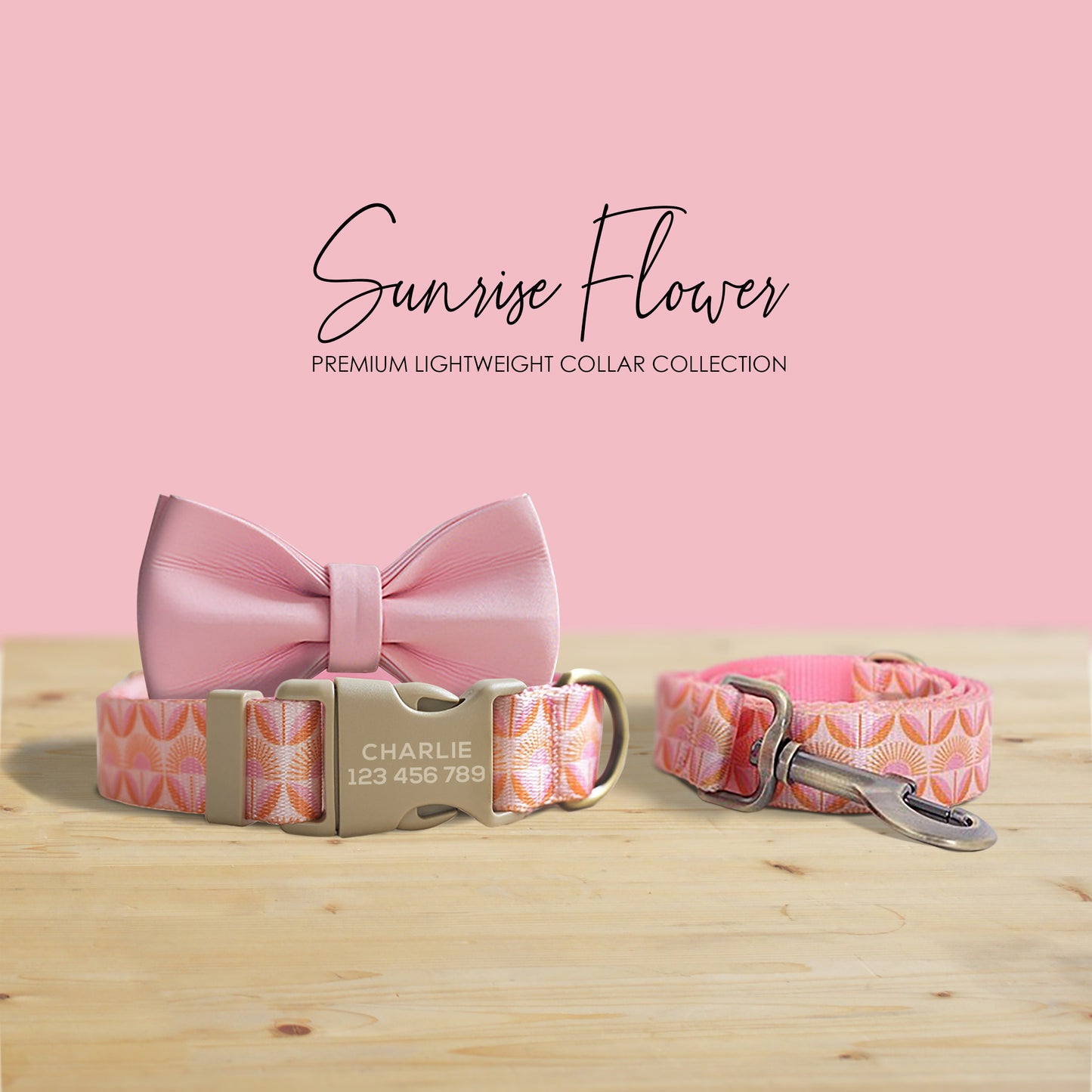 Sunrise Pink Floral Dog Collar Set with Engraved Buckle, Leash, Bowtie