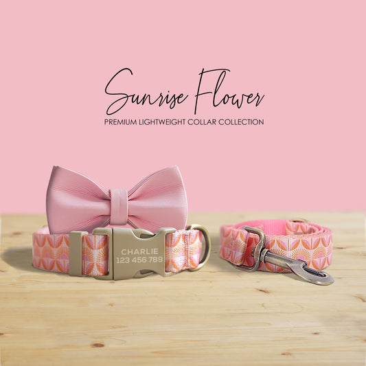 Sunrise Pink Floral Dog Collar Set with Engraved Buckle, Leash, Bowtie