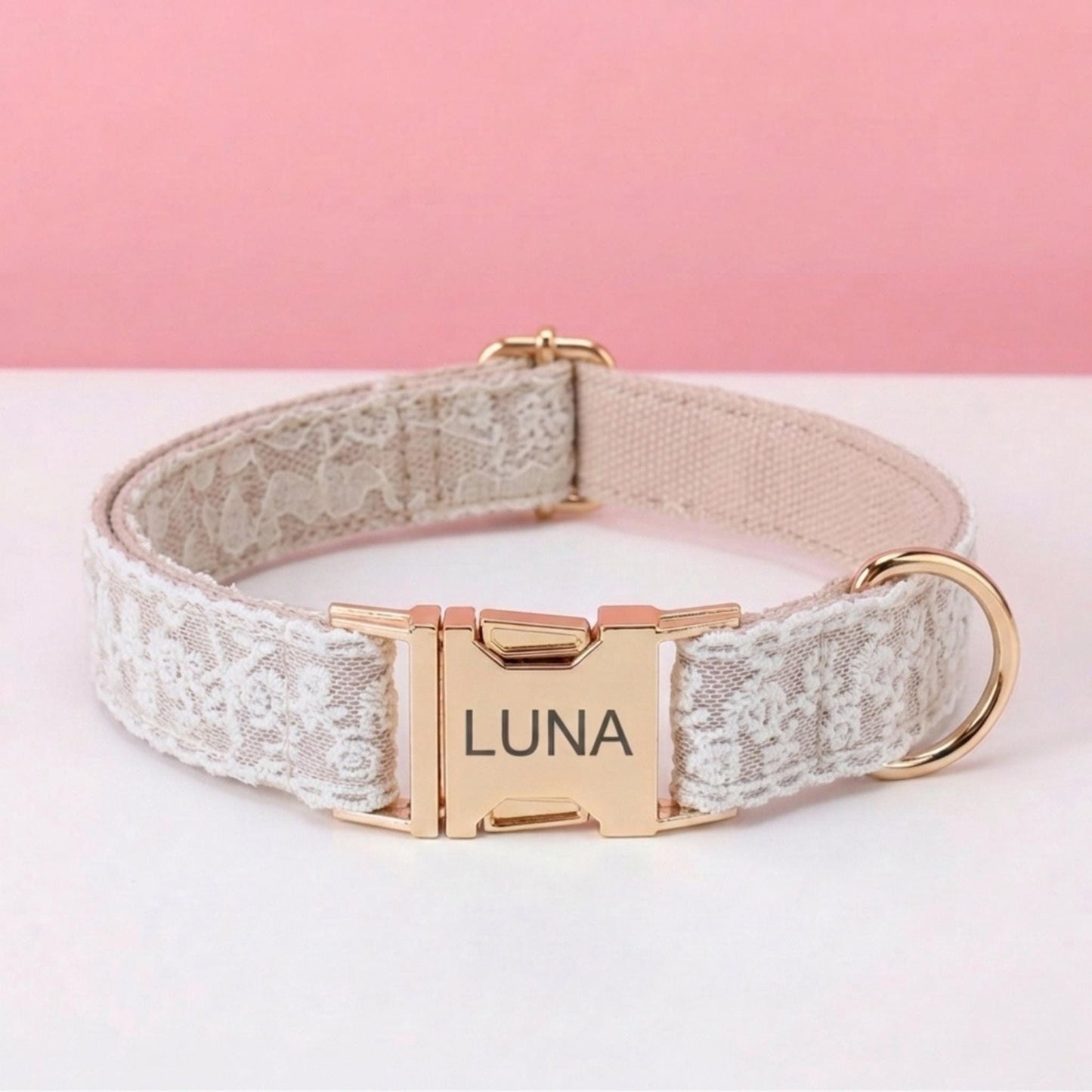 Personalized Lace Dog Collar with Bowtie and Leash Set, Custom Engraved Pet Collar