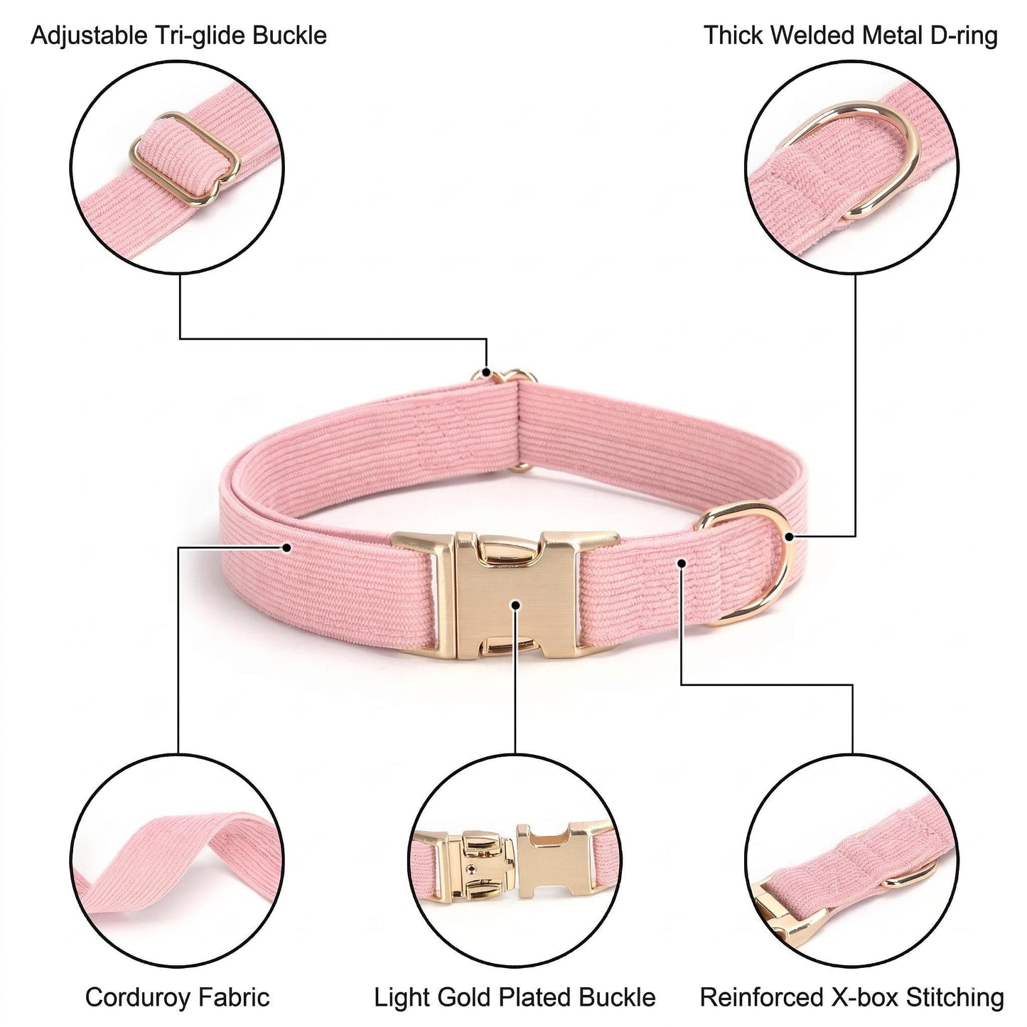 Personalized Corduroy Dog Collar, Laser Engraved Gold Buckle Pet Collar