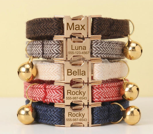 Personalized Tweed Cat Collar, Engraved Name Pet Collar, Gold Buckle, Adjustable Fit