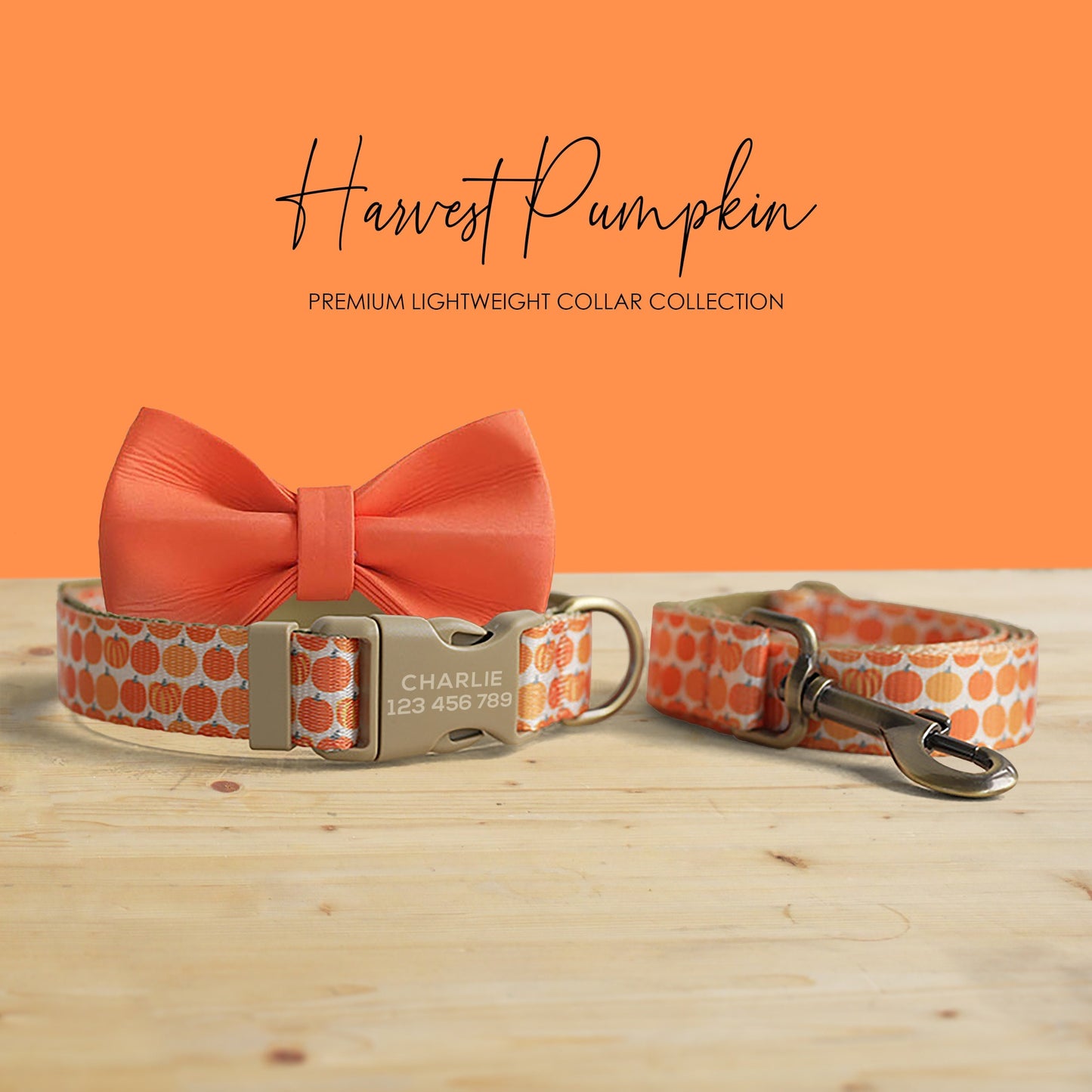 Harvest Pumpkin Dog Collar and Leash Set, Personalized Engraved Buckle, Nylon Fabric