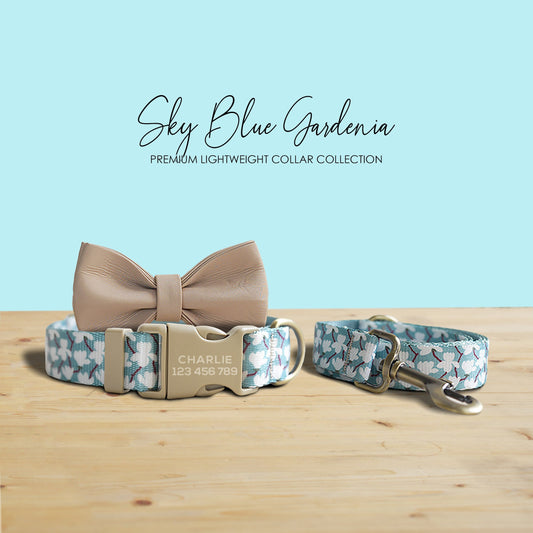 Sky Blue Gardenia Dog Collar and Leash Set, Personalized Engraved Buckle