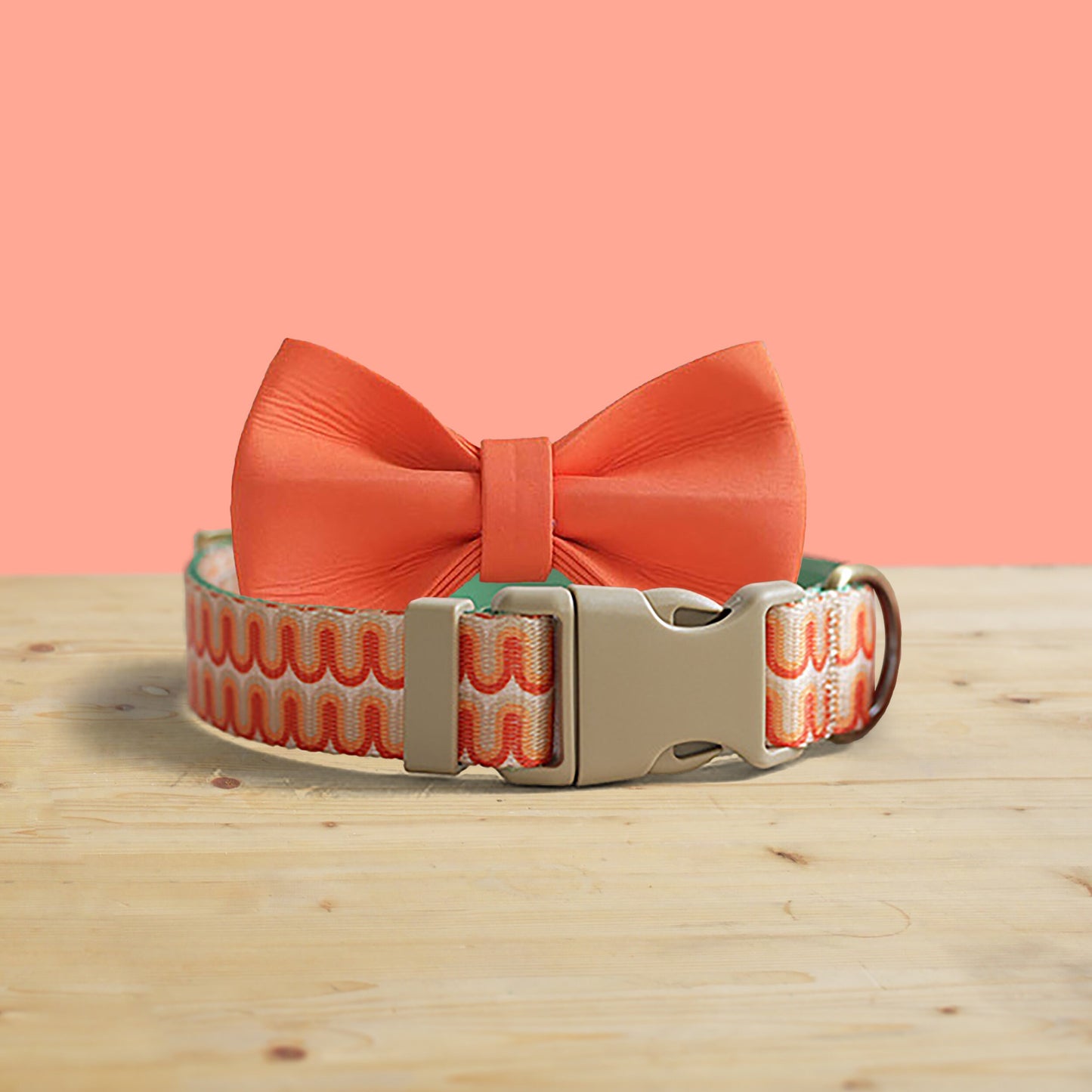 Big Waves Orange Dog Collar and Leash Set, Personalized Name Buckle, Nylon Fabric
