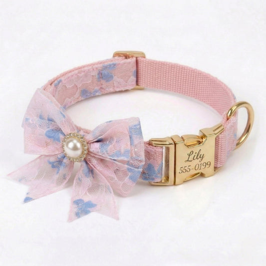 Personalized Pink Lace Dog Collar with Engraved Buckle, Bowtie Leash Set