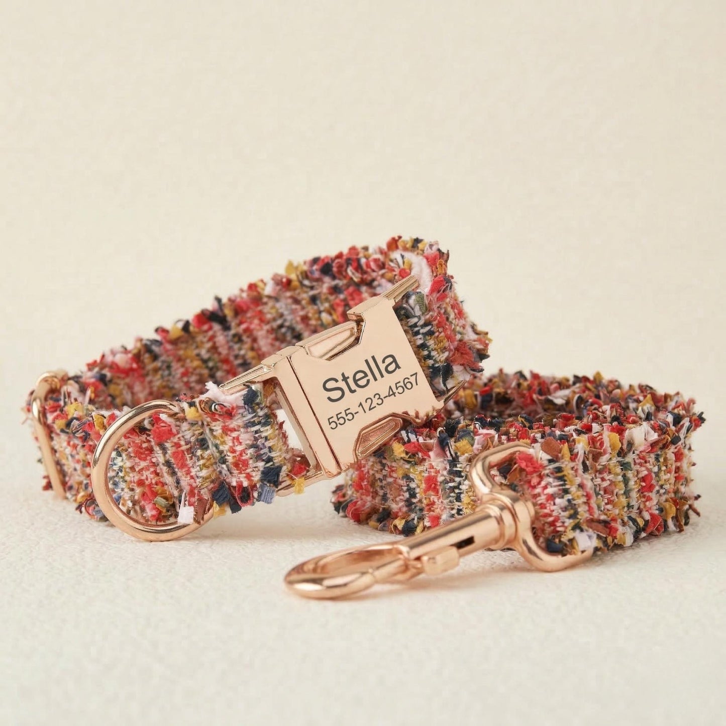 Personalized Tweed Dog Collar Leash Set, Engraved Gold Buckle, Stylish Pet Accessory
