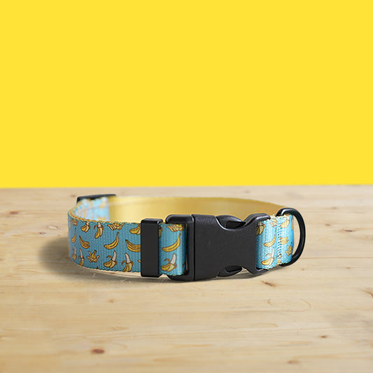 Personalized Dog Collar and Leash Set, Dancing Banana Pattern, Engraved Name Buckle