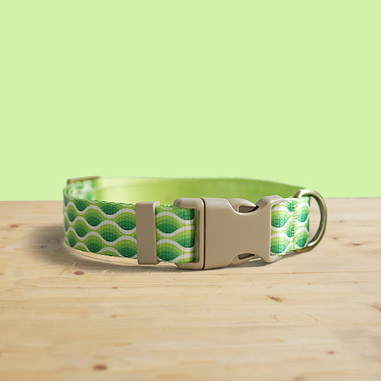 Green Waves Personalized Dog Collar and Leash Set, Engraved Name Buckle